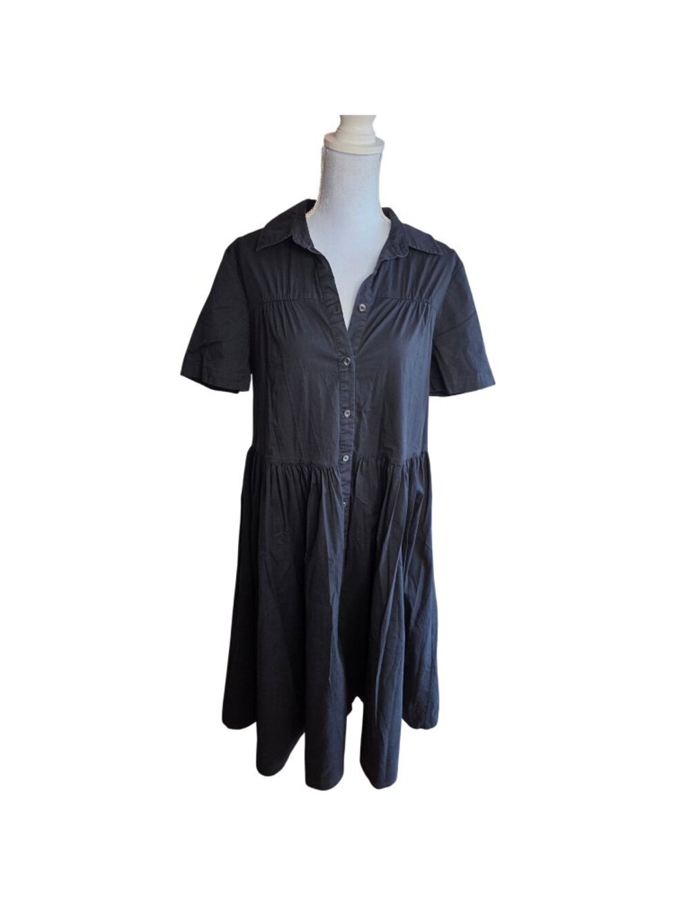 STAUD Black Cotton Shirt Dress M Short Sleeve Tiered Drop Waist Midi Pockets